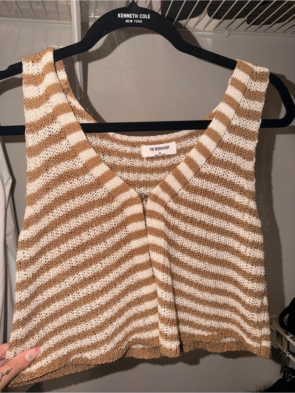 The Workshop Striped Knit Crop Tank - Tan and White